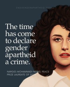  Narges Mohammadi is an Iranian human rights activist. She was awarded the Nobel Peace Prize 2023 for her fight against the oppression of women in Iran and her fight to promote human rights and freedom for all. She is incarcerated in Iran, convicted to 12 years in prison for “propaganda activities against the state”. This text is written from behind the walls of Evin prison.